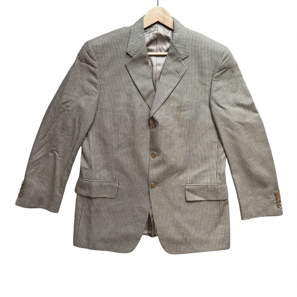 Joseph Abboud Sport Coat Mens 40S Wool Silk Houndstooth Tan Brown Blazer EUC